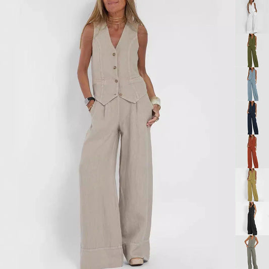 Sleeveless top and straight-leg trousers set in various colors, including apricot, olive green, black, and white.