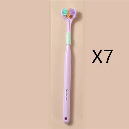Soft bristle toothbrush with 3-sided brush head for thorough dental cleaning