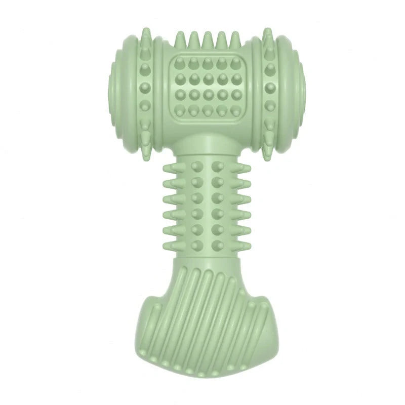 Indestructible TPR dog chew toy in blue, pink, and green for teeth cleaning and anxiety relief