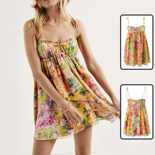 Elegant floral sundress in a variety of colors, featuring an A-line silhouette and ruffled detailing for a stylish and feminine look