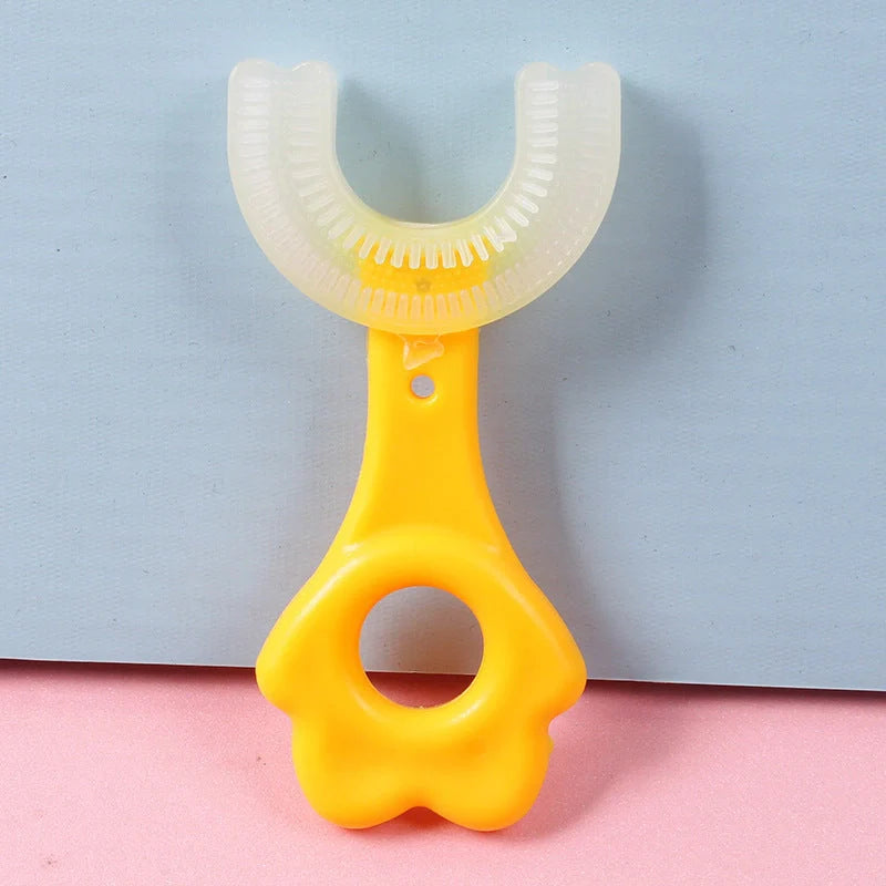 U-shaped baby toothbrush in yellow, pink, and blue, soft silicone for gentle oral care