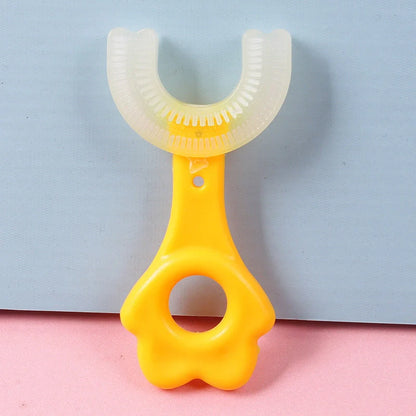 U-shaped baby toothbrush in yellow, pink, and blue, soft silicone for gentle oral care