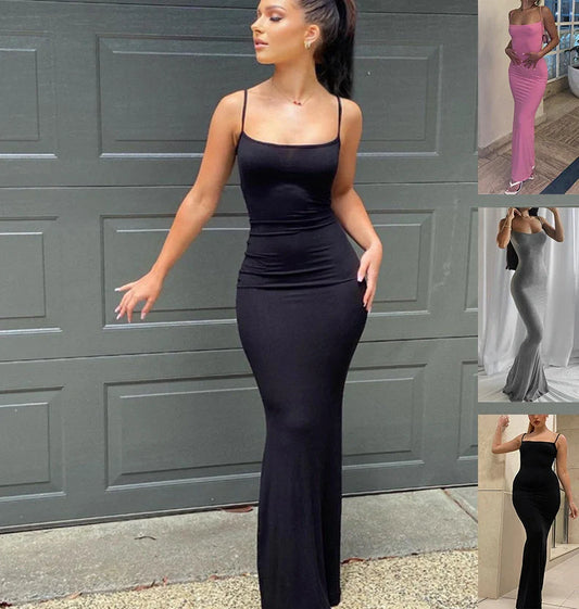 Women's spaghetti strap long dress in pink, gray, black, and blue with high waist design
