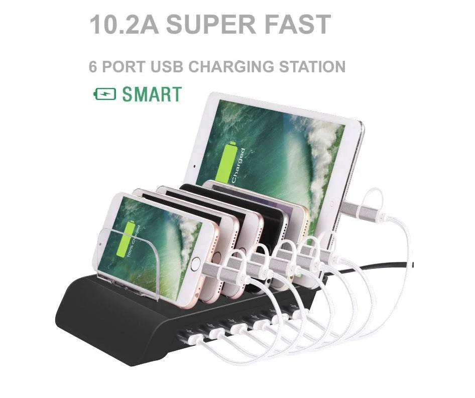 Premium 6-port USB charging hub with intelligent fast charging and charging status reminder, designed for UK smartphone users