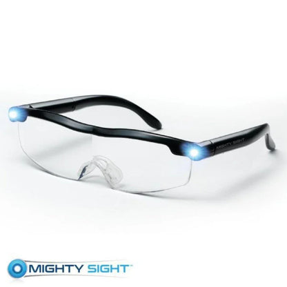 USB-powered reading glasses with transparent frame and integrated LED lighting for improved visibility and reduced eye strain