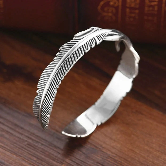 Vintage Thai Silver Double Feather Copper Bracelet with geometric design