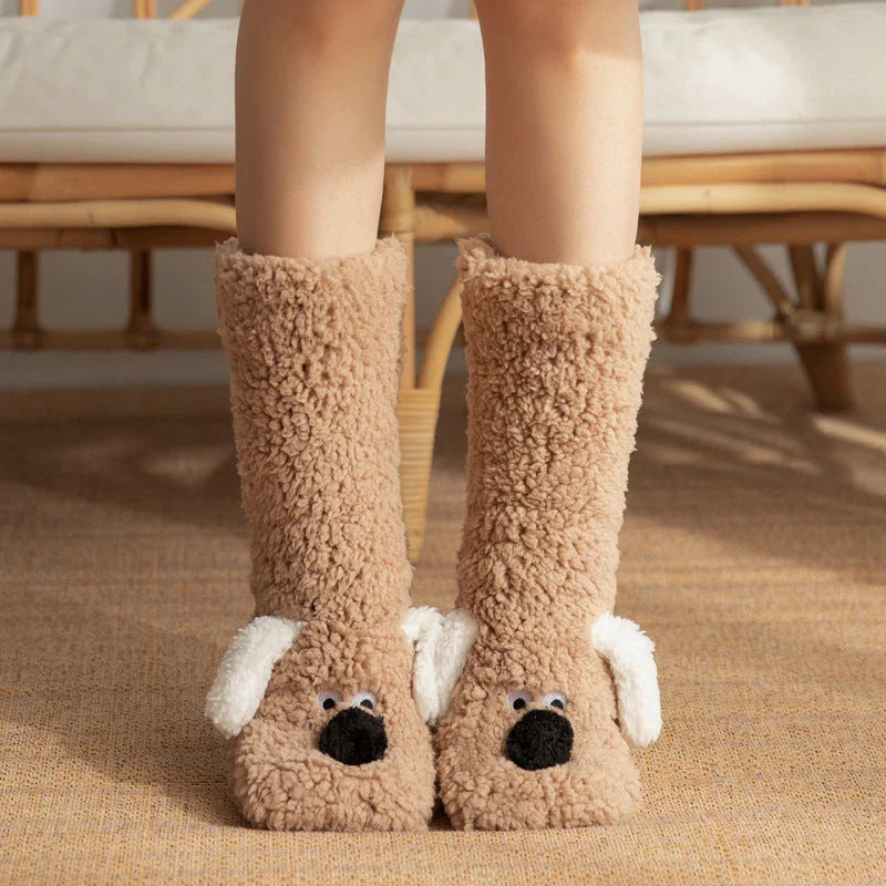 Cozy cartoon dog-patterned floor socks in various colors for comfortable winter wear