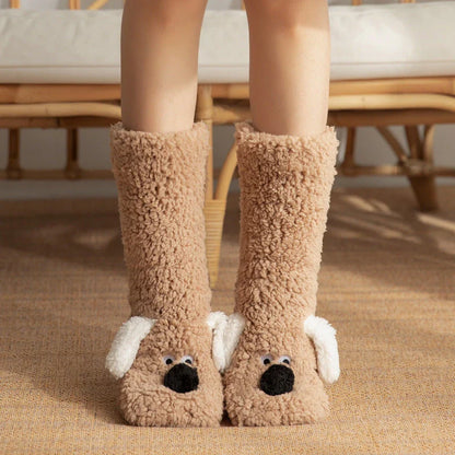Cozy cartoon dog-patterned floor socks in various colors for comfortable winter wear