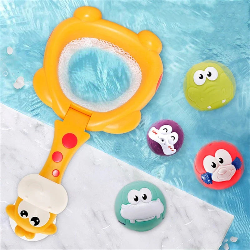 Colourful bath toys including a basketball hoop, fishing rods, and water-squirting animals for engaging bathtime play