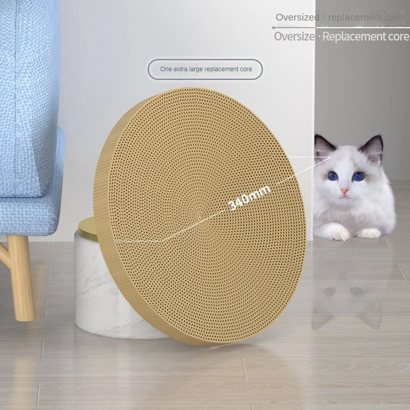 Round cat scratching board with toy ball, protects furniture from scratches