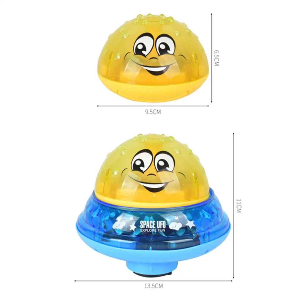 Rotating water sprinkler toy with colourful design and water spray feature for children's bath time fun