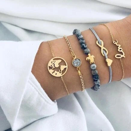Bead Chain Bracelet Set featuring star and moon design in alloy material