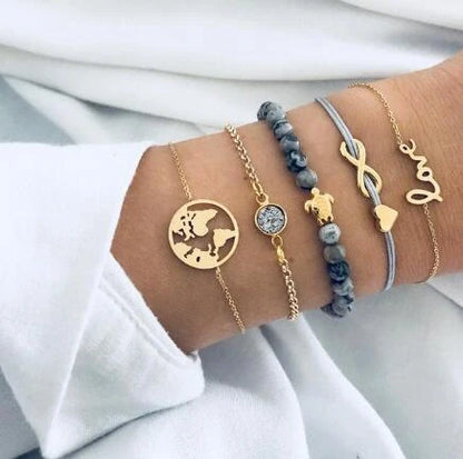 Bead Chain Bracelet Set featuring star and moon design in alloy material