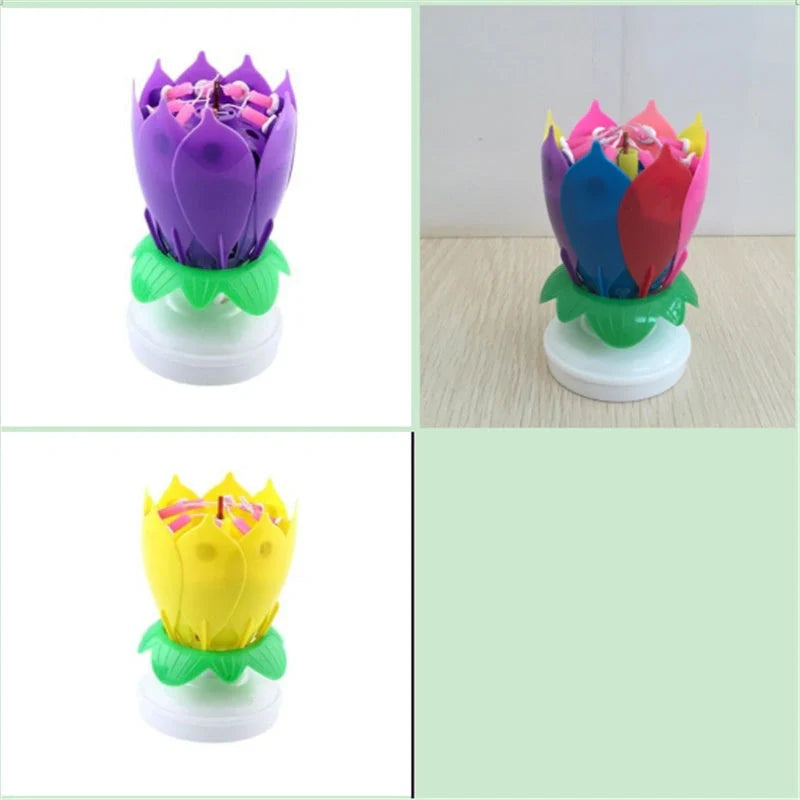 Musical Lotus Candles in various colours, showcasing the elegant lotus design and music feature