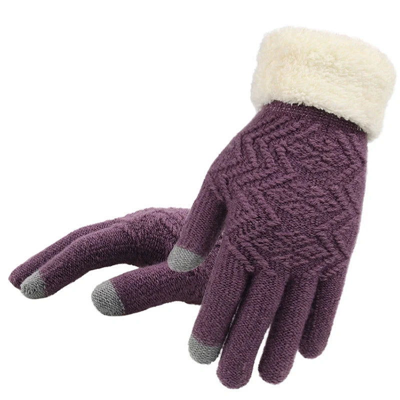 Women's winter knitted gloves in purple, pink, grey, and black