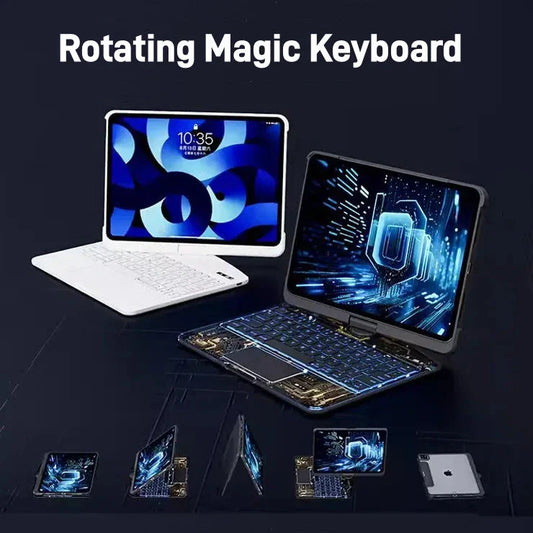 360-degree rotating keyboard case with transparent backplate and built-in Apple Pencil holder for iPad
