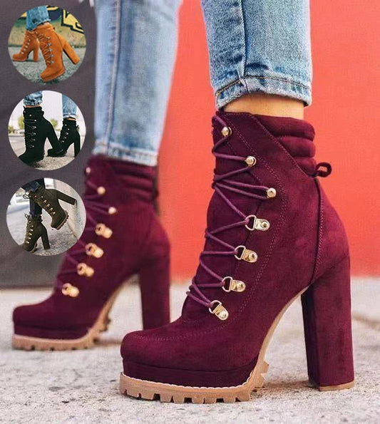 Women's round toe lace-up heeled boots in suede with 8cm high heel