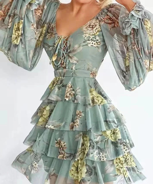 Women's green lace-up ruffled V neck waist dress with long sleeves