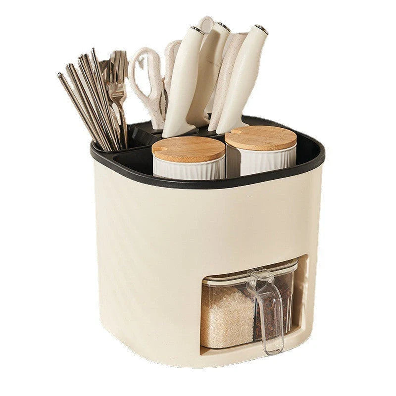 Rotating multipurpose kitchen storage organizer with four compartments for spices, utensils, and other cooking essentials