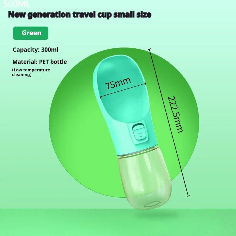Portable pet water bottle and food bowl made of durable plastic, available in multiple colors for outdoor adventures with your furry friend.