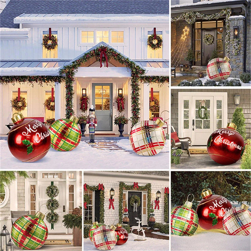 Vibrant inflatable Christmas baubles in a variety of colours and patterns, perfect for outdoor holiday decoration