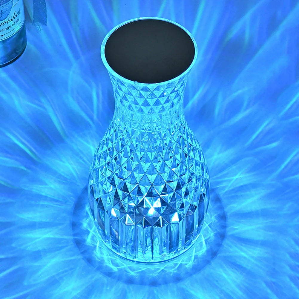 Vase Shape Atmosphere Crystal Lamp with USB charging and remote control on a bedside table