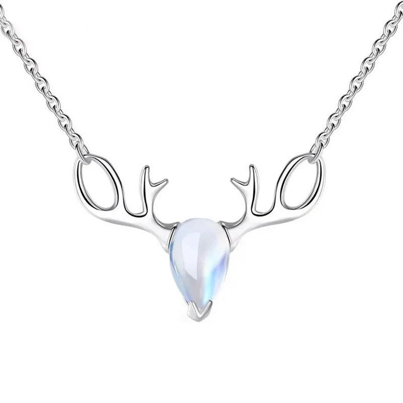 Elegant silver-toned elk necklace with a captivating moonstone pendant, a stunning Korean-inspired jewellery piece