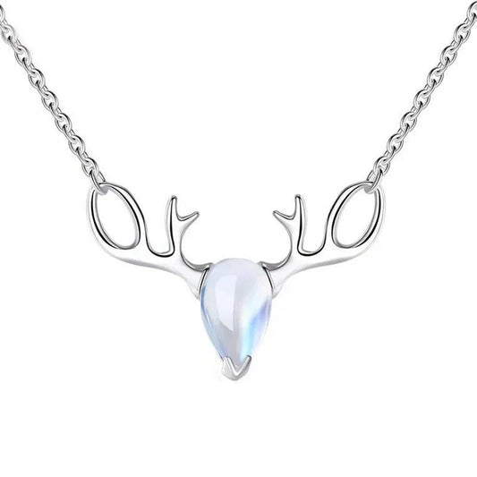Elegant silver-toned elk necklace with a captivating moonstone pendant, a stunning Korean-inspired jewellery piece