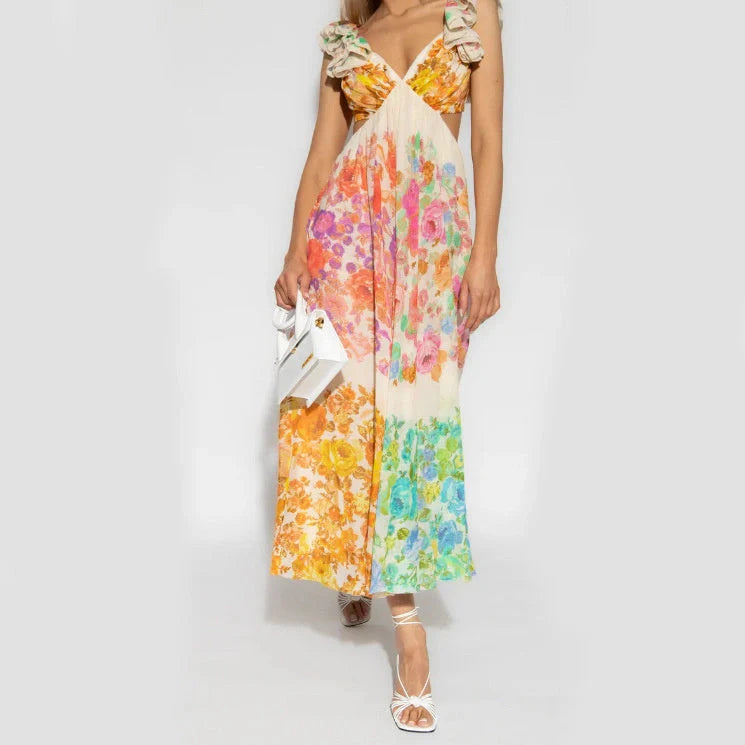 Elegant French-style floral print V-neck long dress for summer