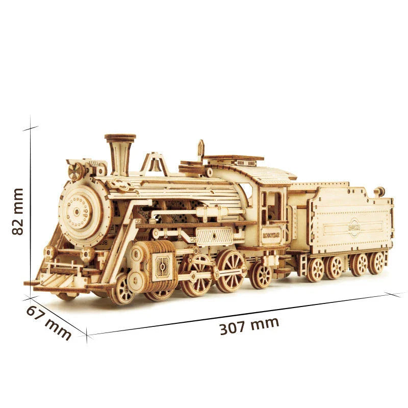 Premium wooden train model kit with detailed components and instructions for DIY assembly