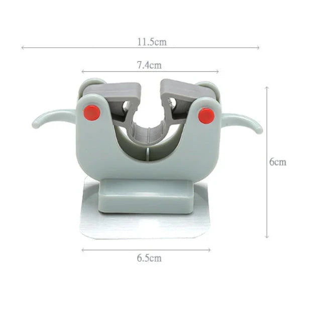 Adhesive wall-mounted mop and broom holder with double hooks for storing cleaning tools, available in multiple colors.