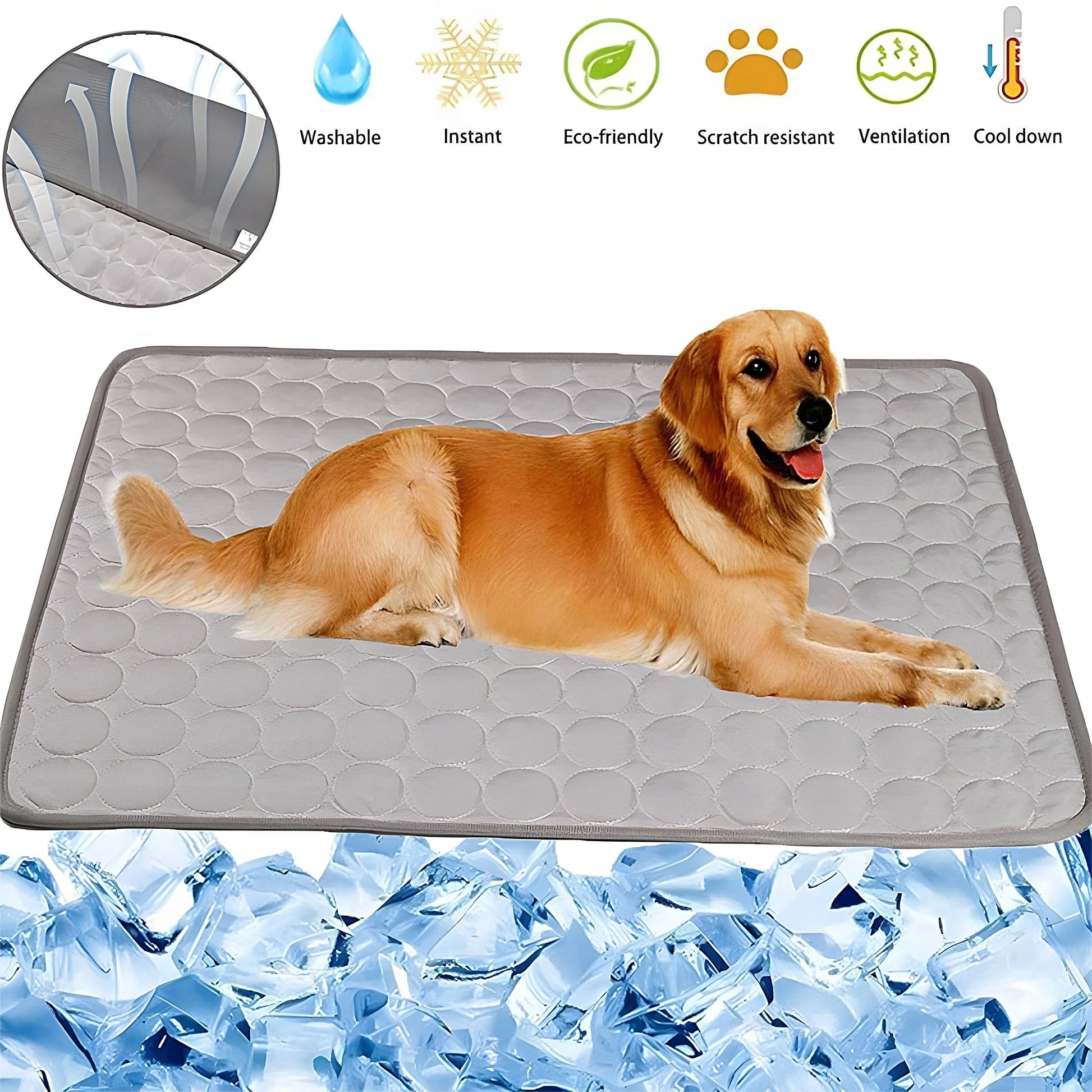 A cooling mat for pets in various sizes and colors, designed to provide refreshing comfort and temperature regulation.