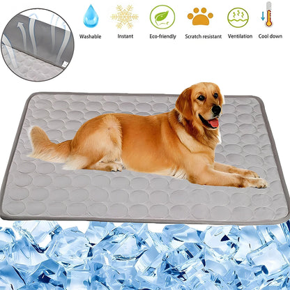 A cooling mat for pets in various sizes and colors, designed to provide refreshing comfort and temperature regulation.