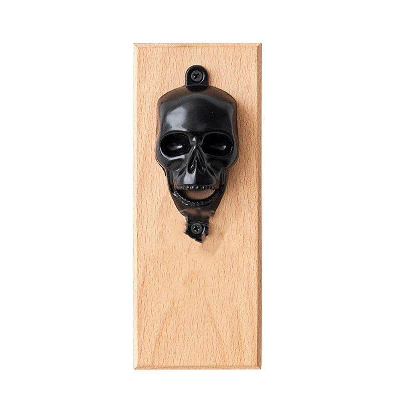 Skeleton-shaped magnetic wall-mounted bottle opener made of zinc alloy and solid wood