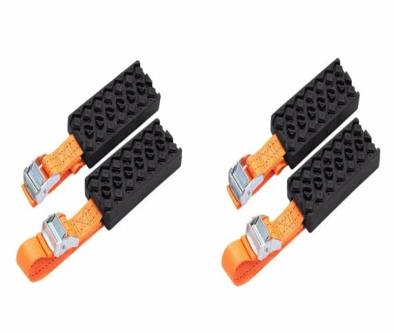 Durable anti-slip snow chains for car tires in black and orange, designed to provide superior traction and grip on icy, snowy, and muddy roads.