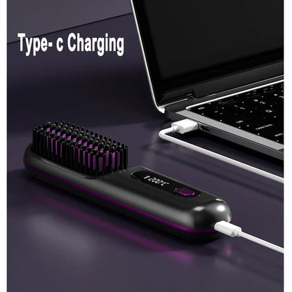Cordless 2-in-1 Hair Straightener Brush with LCD Display, Offering Versatile Styling on the Go