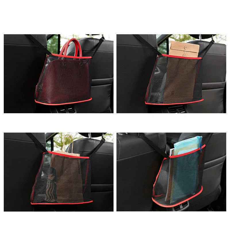 Car Net Pocket Handbag Holder in red and black, showing adjustable belt and spacious storage