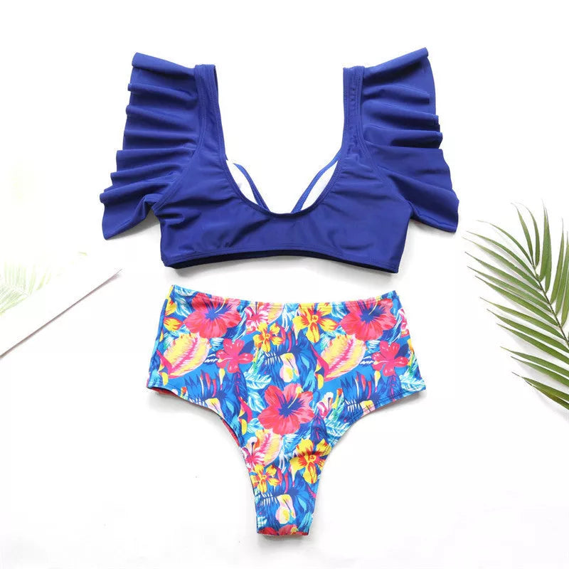 Women's two-piece swimsuit in lightweight polyester, available in red, yellow, and blue
