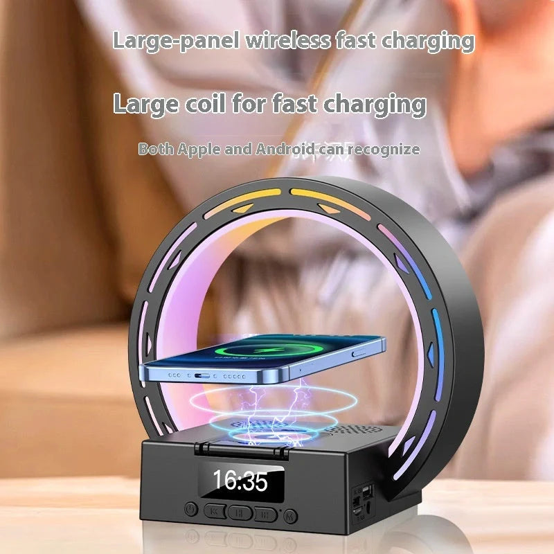 4-in-1 Wireless Bluetooth Speaker with charging pad and alarm clock in white and black