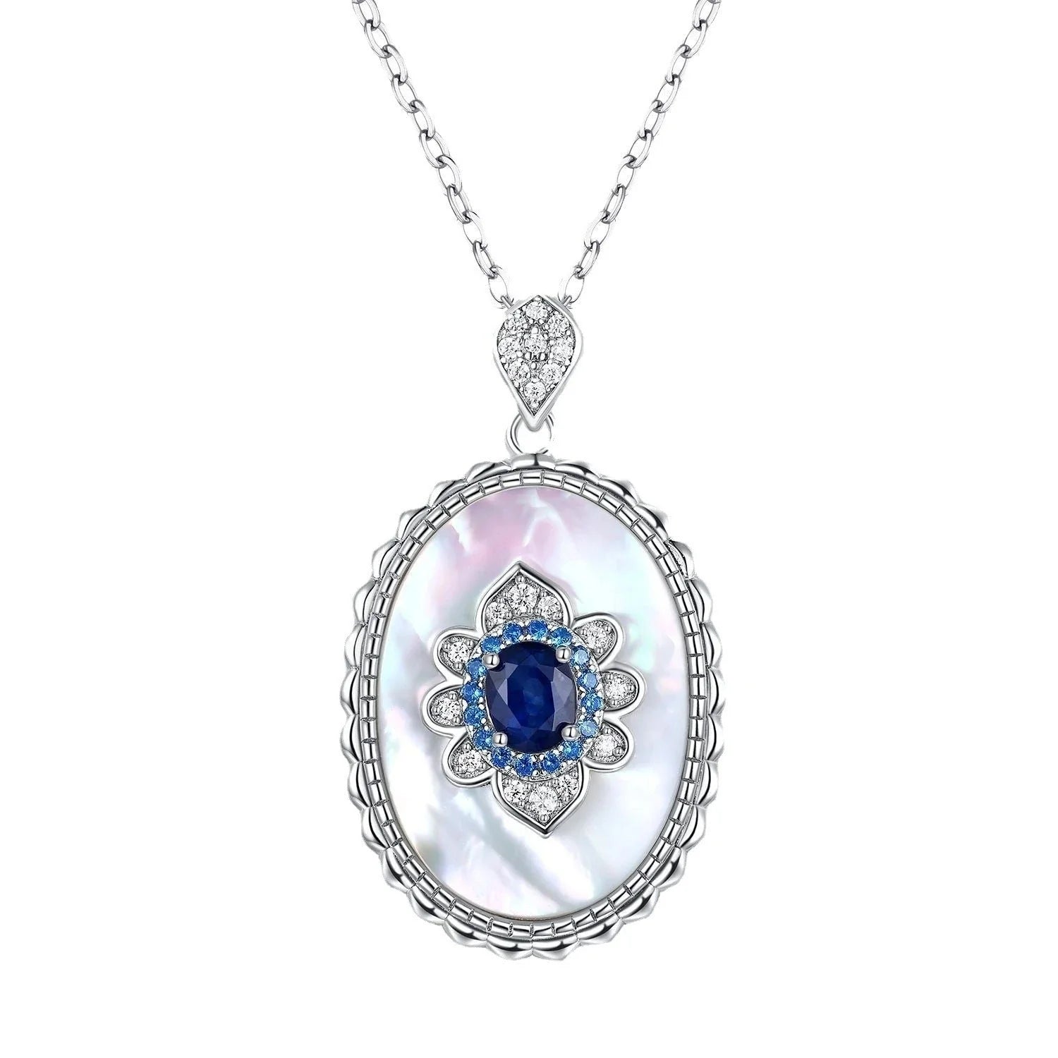 Elegant sterling silver pendant necklace with sparkling sapphires and diamonds, perfect for fashion-forward women