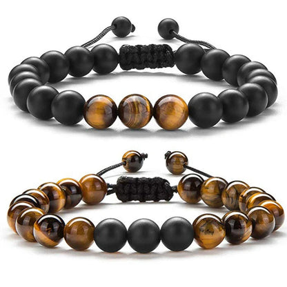 Matte black agate beads and tiger eye couple bracelets with geometric design