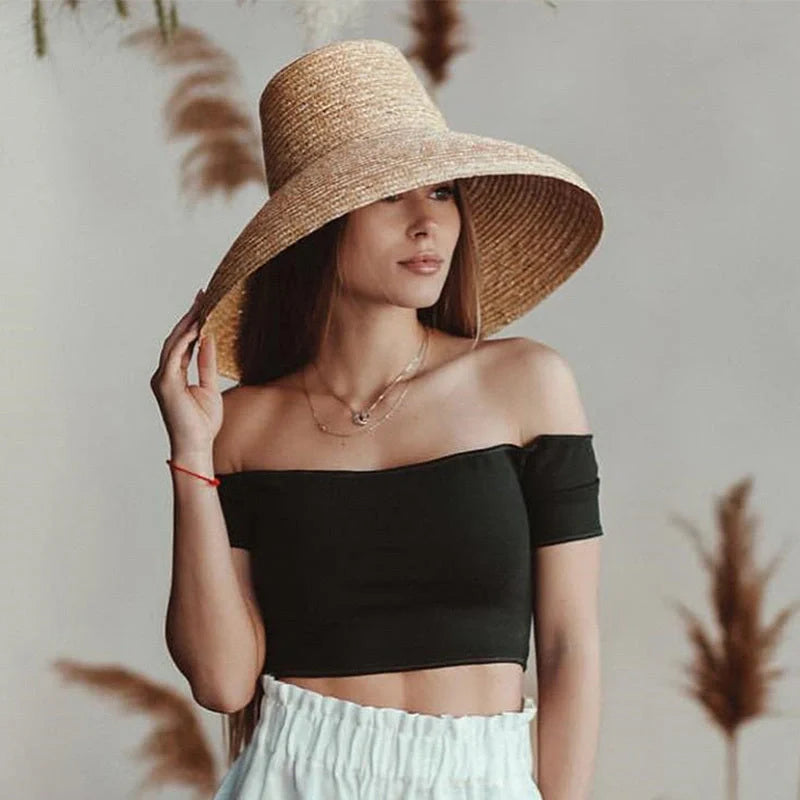 Vintage High Top Big Brim Straw Hat in yellow, perfect for sun protection