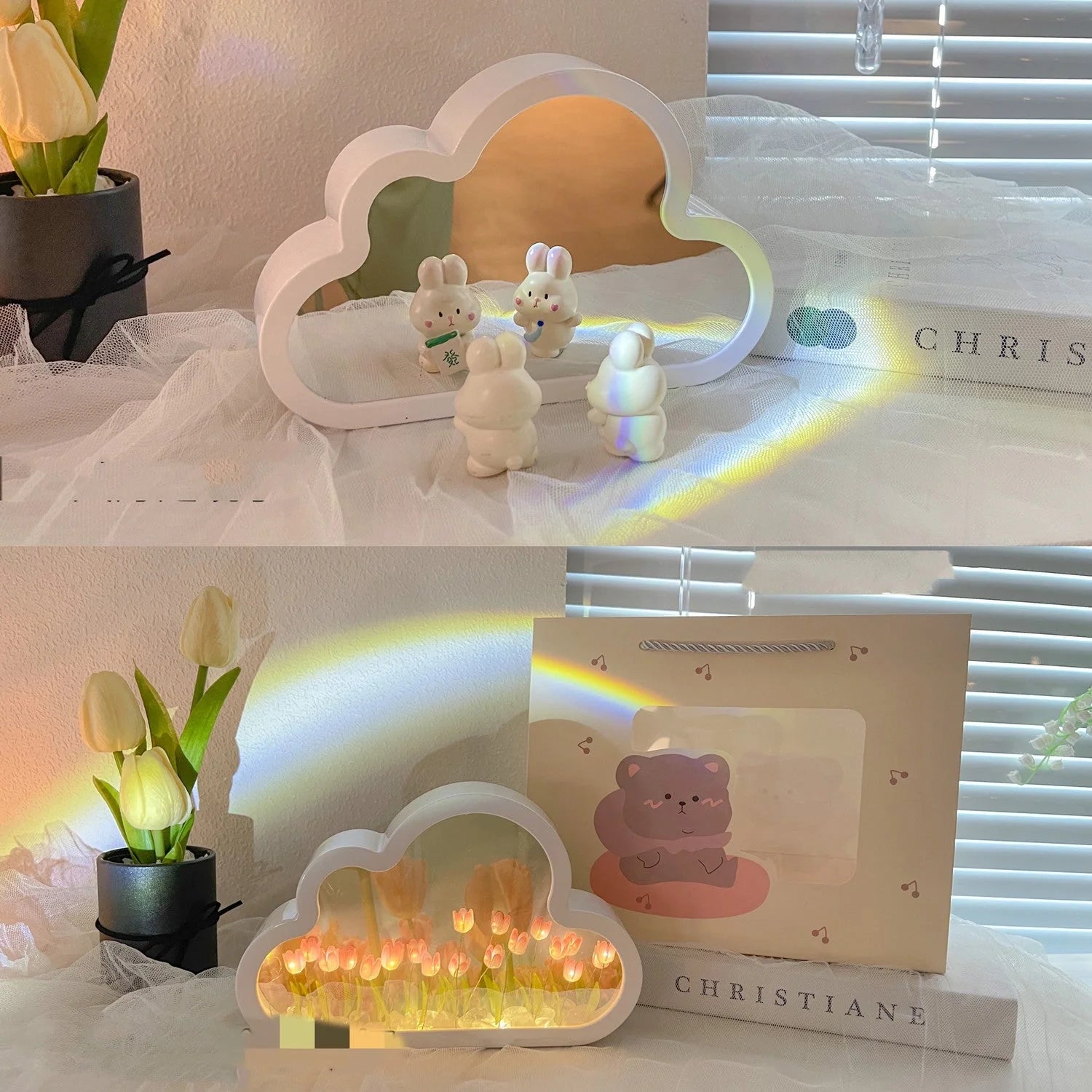 DIY Tulip Night Lamp in pink, purple, and blue with LED lights and decorative mirror feature
