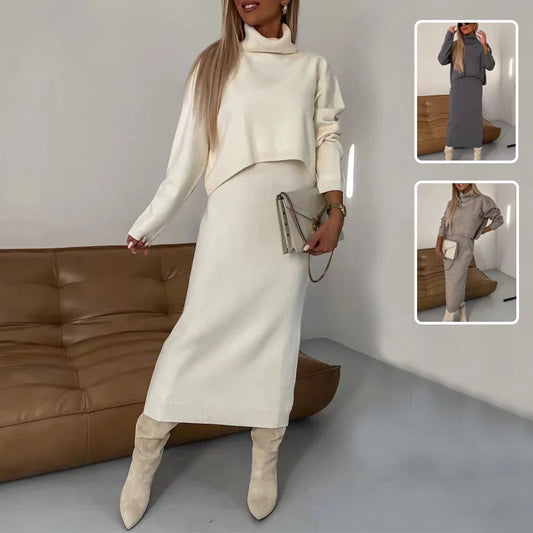 Women's winter turtleneck pullover and sleeveless long dress set in white, grey, and camel