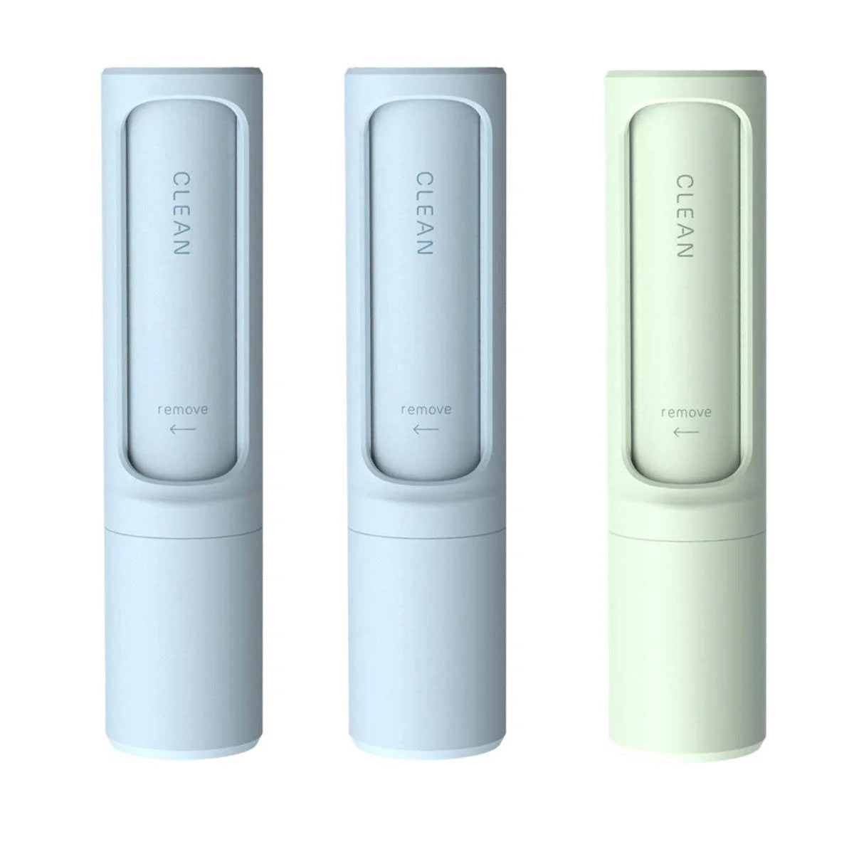 Rotating cylinder electrostatic pet hair remover brush in white, blue, green, and pink