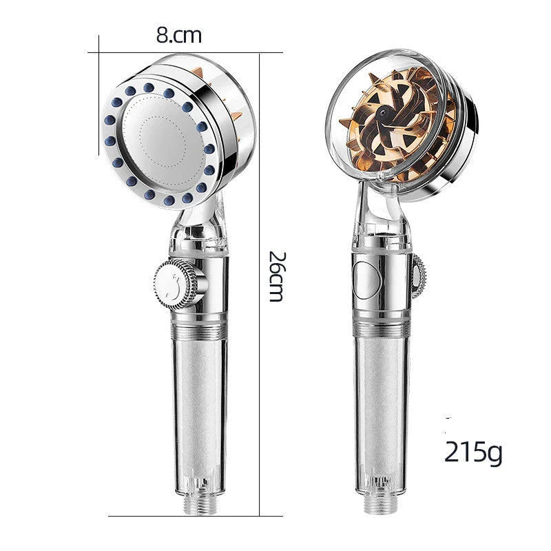 Premium high-pressure shower head with turbo boost technology, water filtration, and durable ABS and stainless steel construction