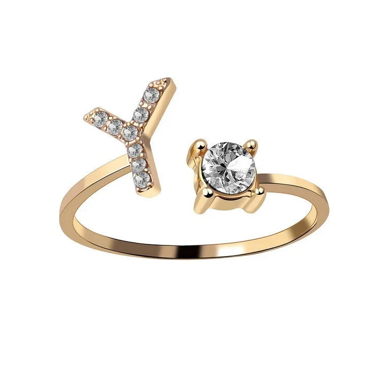 Customizable adjustable ring with 26 letters for women, featuring zircon stones and copper alloy construction