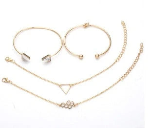 Adjustable geometric bracelet set with crystal and leaf motifs