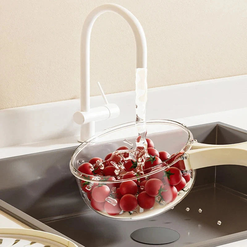 Versatile fruit drain basket with lid and foldable handle for fresh produce storage