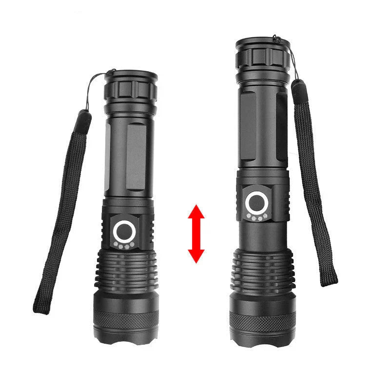 A durable, waterproof USB rechargeable flashlight with adjustable zoom and powerful LED light.